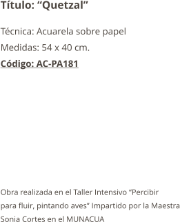 Título: “Quetzal” Técnica: Acuarela sobre papel Medidas: 54 x 40 cm. Código: AC-PA181         Obra realizada en el Taller Intensivo “Percibir para fluir, pintando aves” Impartido por la Maestra Sonia Cortes en el MUNACUA
