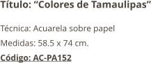 Título: “Colores de Tamaulipas” Técnica: Acuarela sobre papel Medidas: 58.5 x 74 cm. Código: AC-PA152